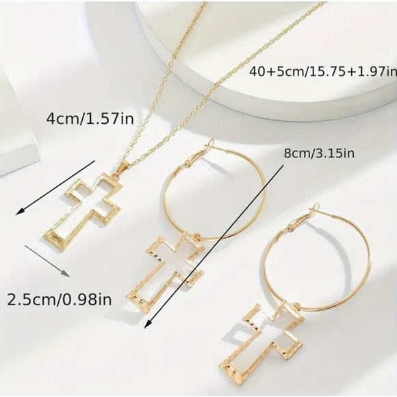 NEW - Set of 3 Gold Cross Necklace Earrings Set, Faith - Picture 3 of 3